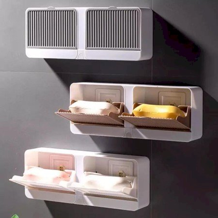 Creative Double Wall Hanging Soap Box With Lid Double Grids Draining Rack Soap Sponge Holder Organizer Bathroom Accessories